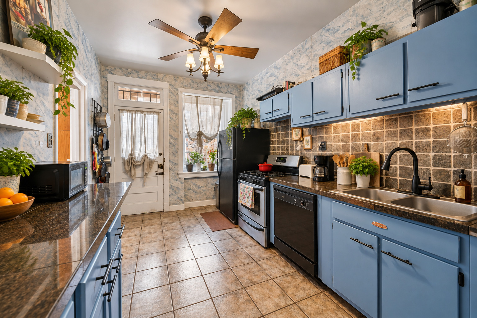 Kitchen with blue cabinets, stone backsplash, dark countertops, and a ceiling fan with lights.