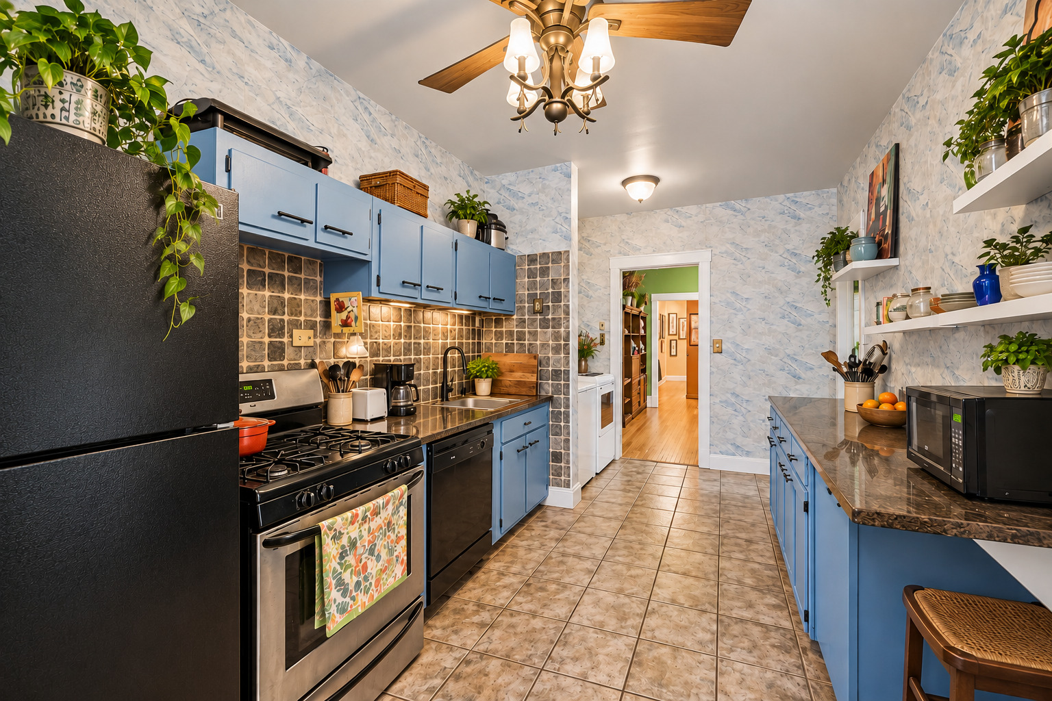 Galley kitchen with blue cabinets, dark countertops, patterned tile backsplash, and a gas range.