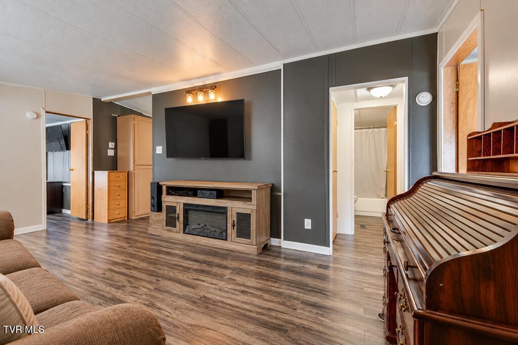 Living room with wall-mounted TV, fireplace media console, and wood-look flooring.
