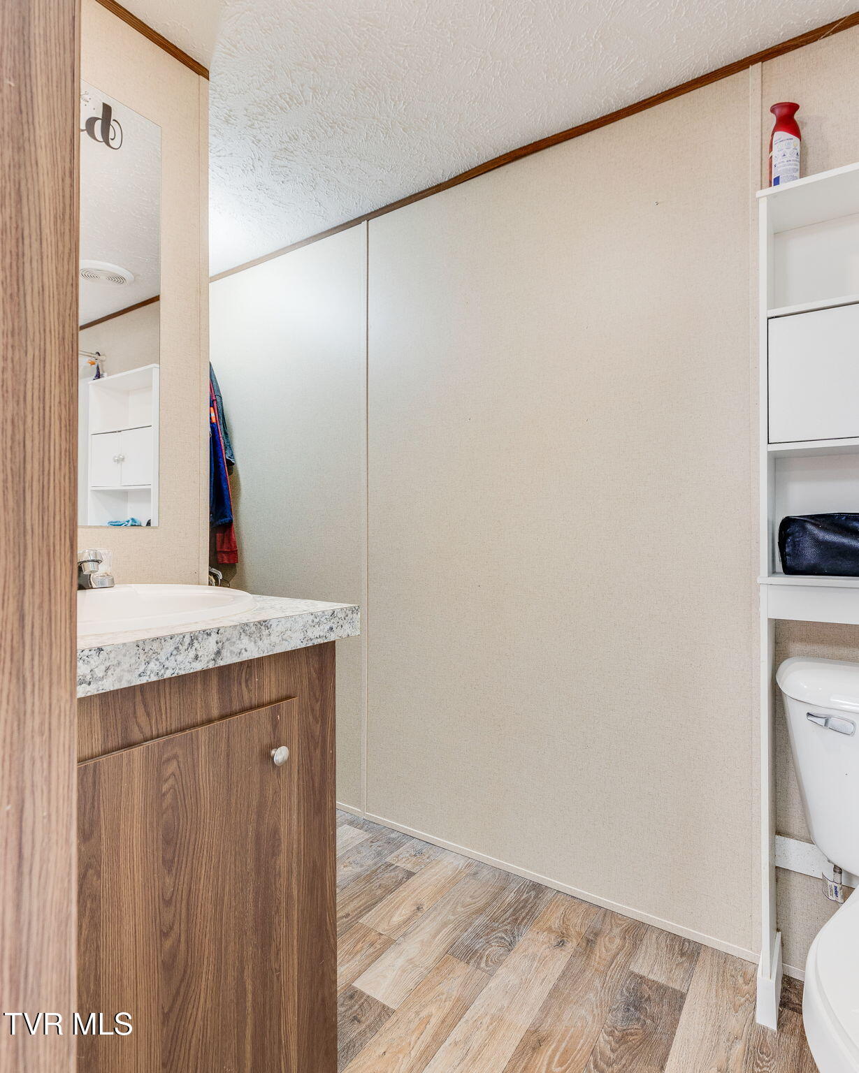 Bathroom with wood-grain vanity, white sink, built-in shelving, and wood-look flooring.