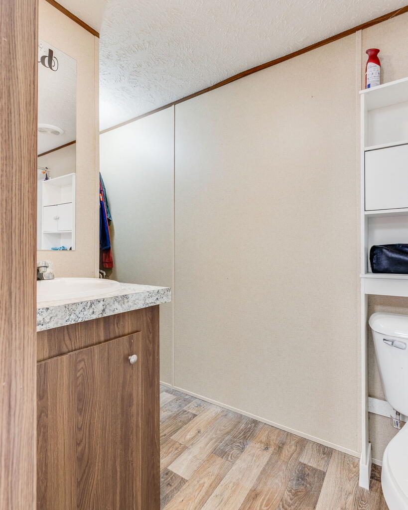 Bathroom with a wood vanity, mirrored cabinet, and wood-look floor.