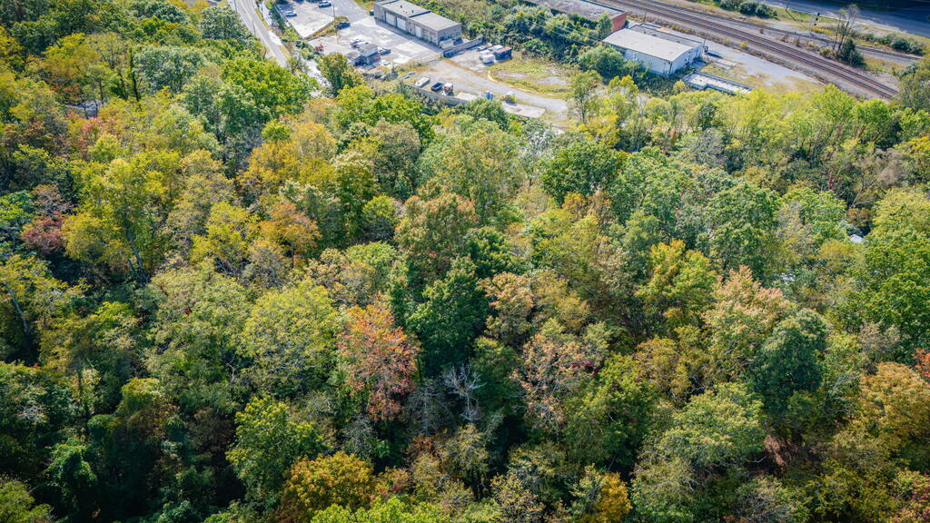 Aerial view of wooded land beside railroad tracks and industrial buildings.