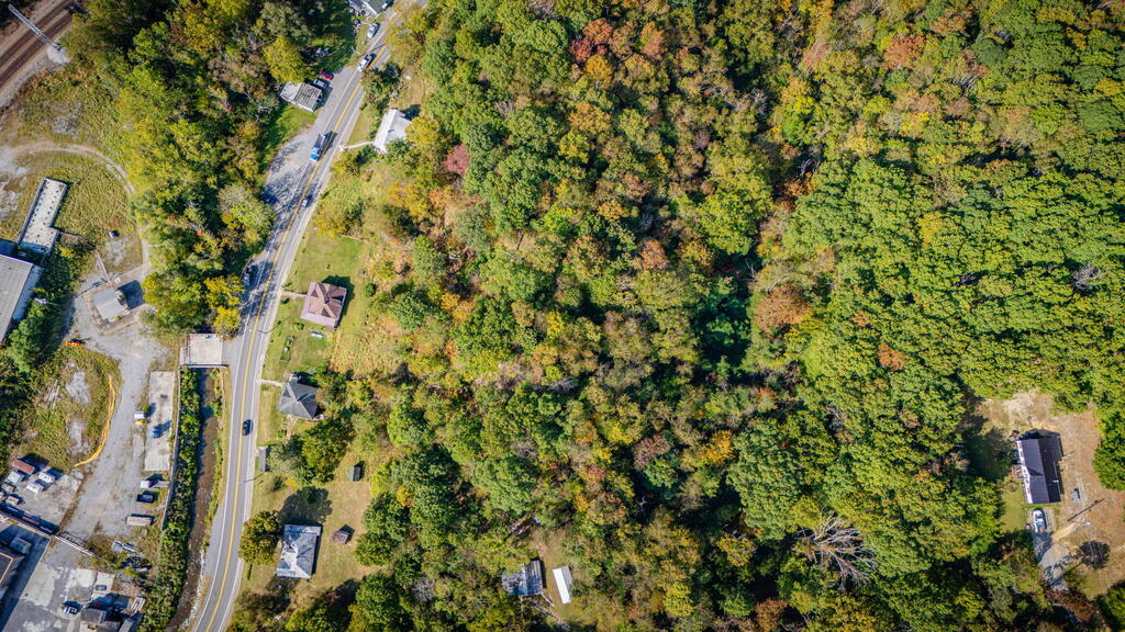 Aerial view of a wooded parcel beside a road, with scattered homes and autumn foliage.