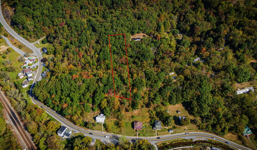 Wooded parcel outlined in red, with nearby homes and a curving road.