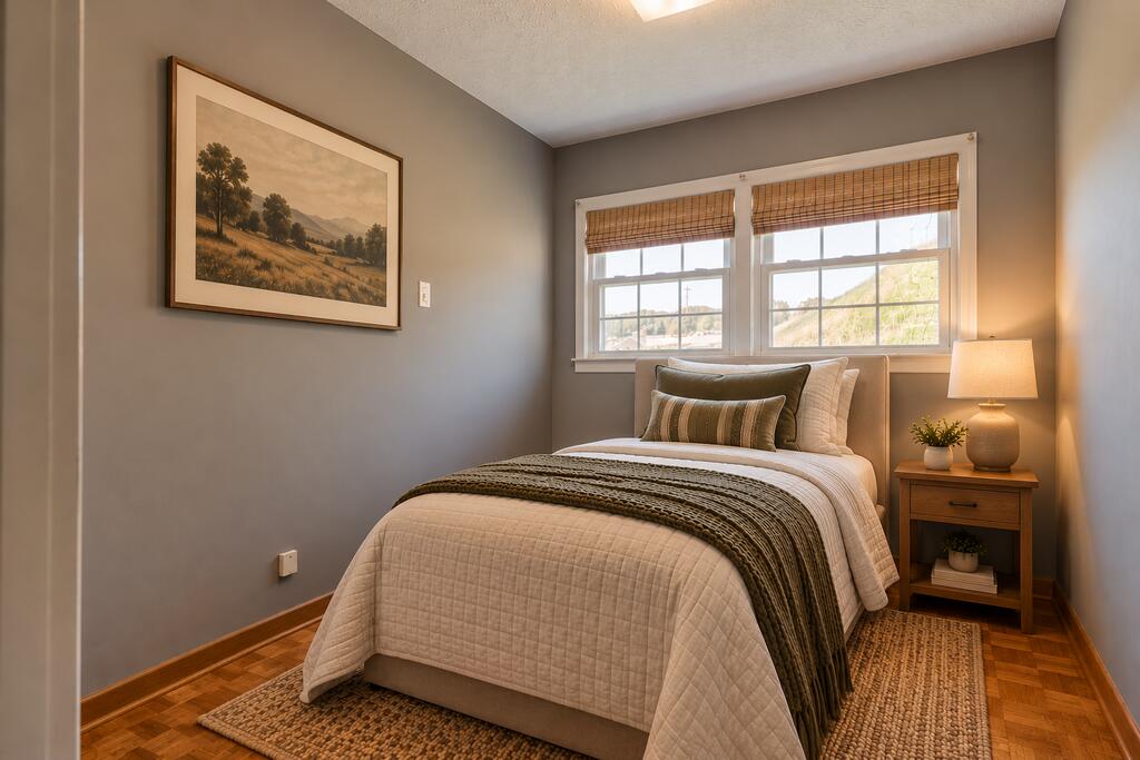 Bedroom with a cream-quilted bed beneath two windows, a wooden nightstand, and framed landscape art.