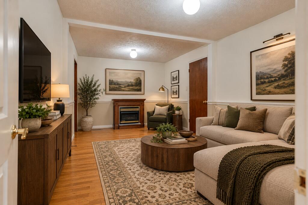 Staged living room with a beige sectional, round coffee table, patterned rug, and fireplace.