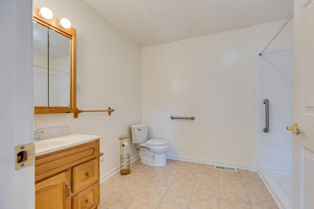 Bathroom with wood vanity, mirrored cabinet, toilet, and white shower with grab bars.
