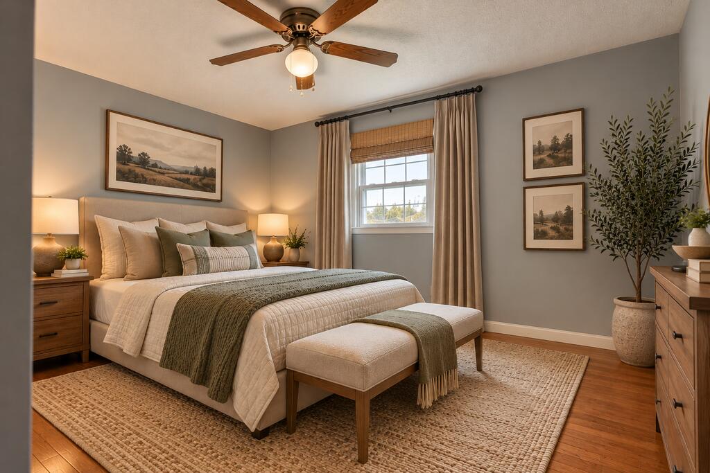 Staged bedroom with cream bedding, a sage throw, upholstered bench, and framed landscape prints.