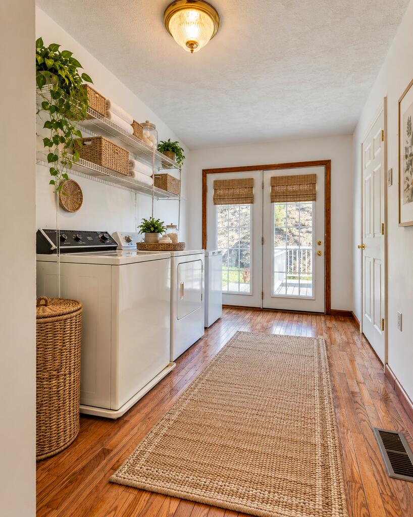 Laundry room with washer and dryer, woven runner, open shelving, and glass-paned doors to a deck.