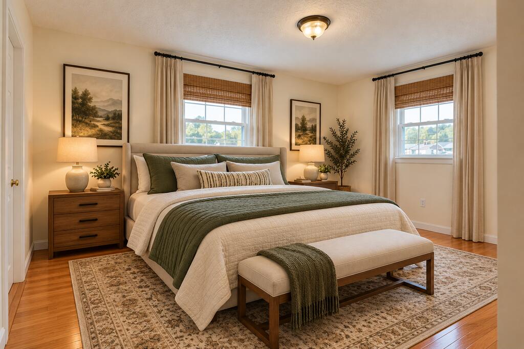 Bedroom with cream and sage bedding, an upholstered bench, wood nightstands, and two curtained windows.