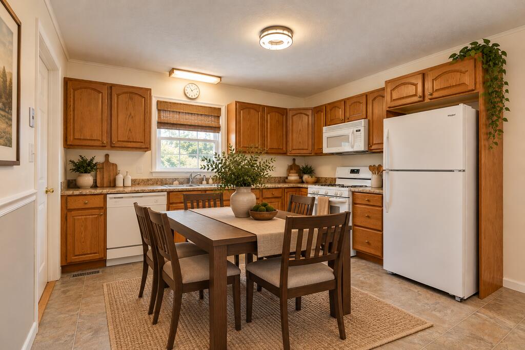 Kitchen with warm wood cabinets, white appliances, and a dining table centered on a woven rug.