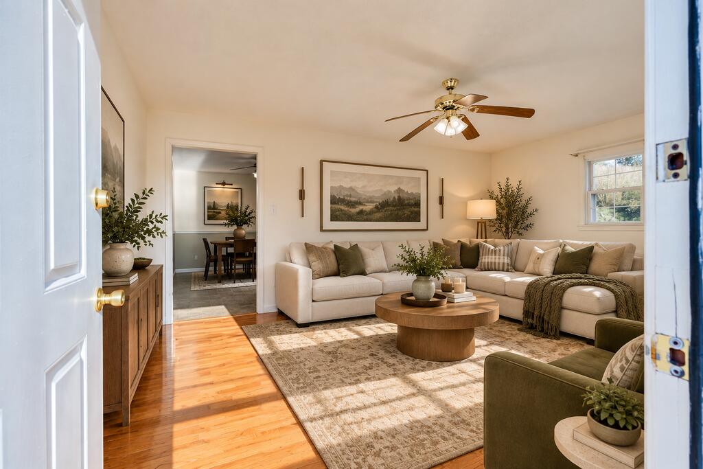 Staged living room with a cream sectional, round wooden coffee table, and sunlit hardwood floors.
