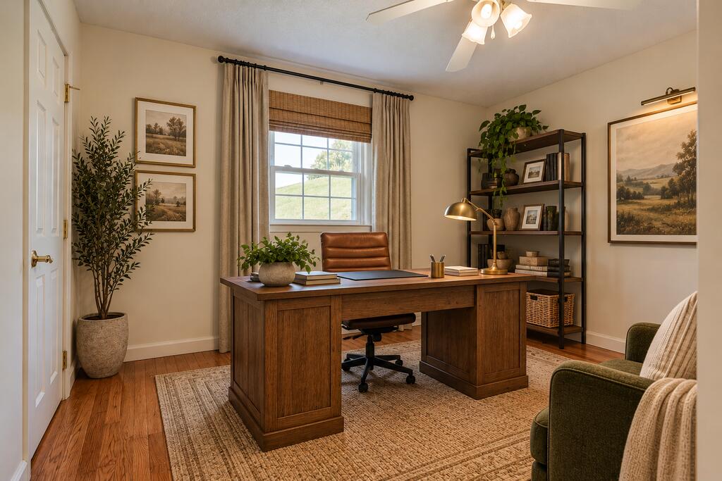 Home office with a large wooden desk, leather chair, and window overlooking a grassy hill.