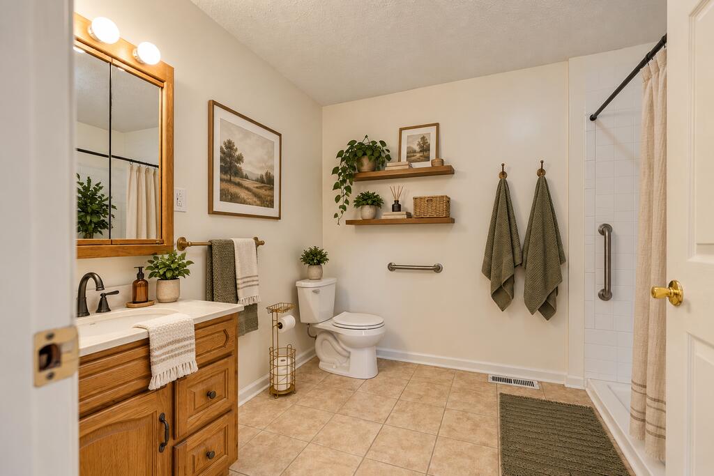 Bathroom with a wood vanity, framed mirror, and tiled walk-in shower with grab bars.