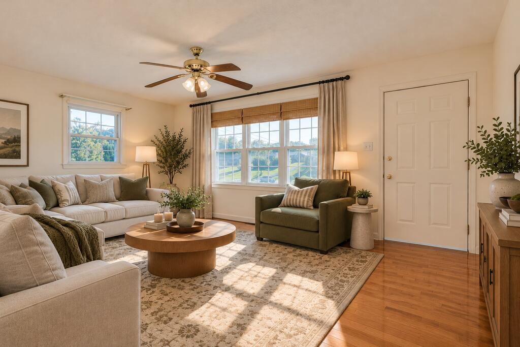 Living room with a cream sectional, green armchair, patterned rug, and large windows overlooking the yard.