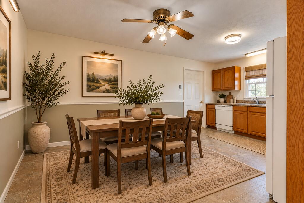 Dining room with a dark wood table and chairs beside a kitchen with wood cabinets.