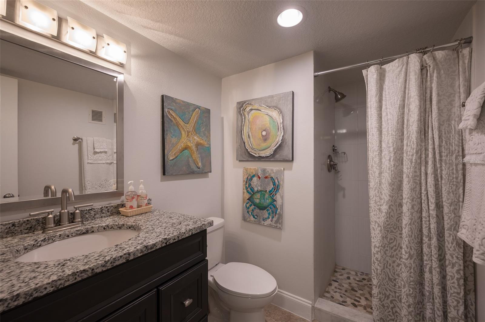 Bathroom with a granite vanity, dark cabinetry, and a tiled shower behind a patterned curtain.