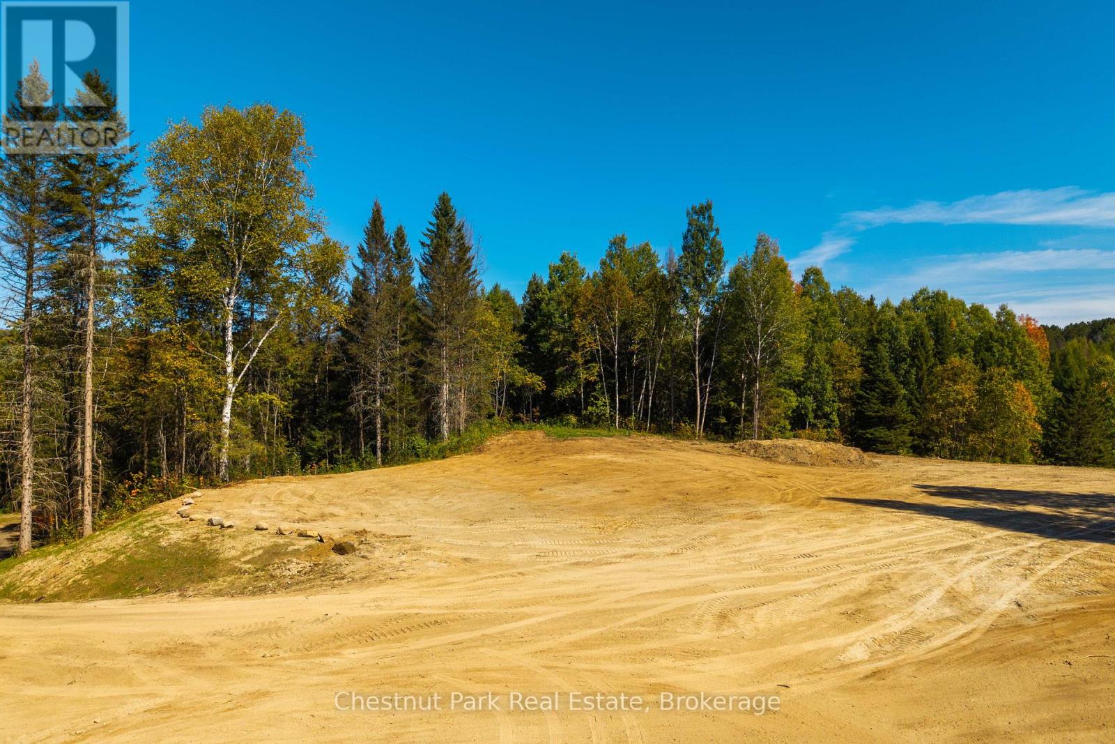 Cleared, graded lot bordered by mixed woodland beside a wide dirt road.