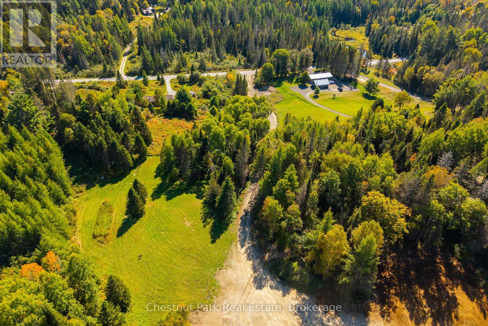Aerial view of a forested rural property with a grassy clearing, gravel driveway, and roadside buildings.