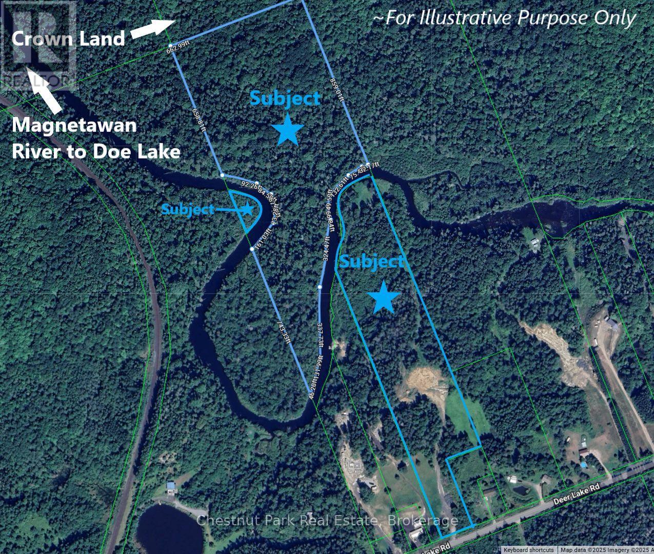 Aerial map marking wooded subject parcels along a winding river near Deer Lake Road.