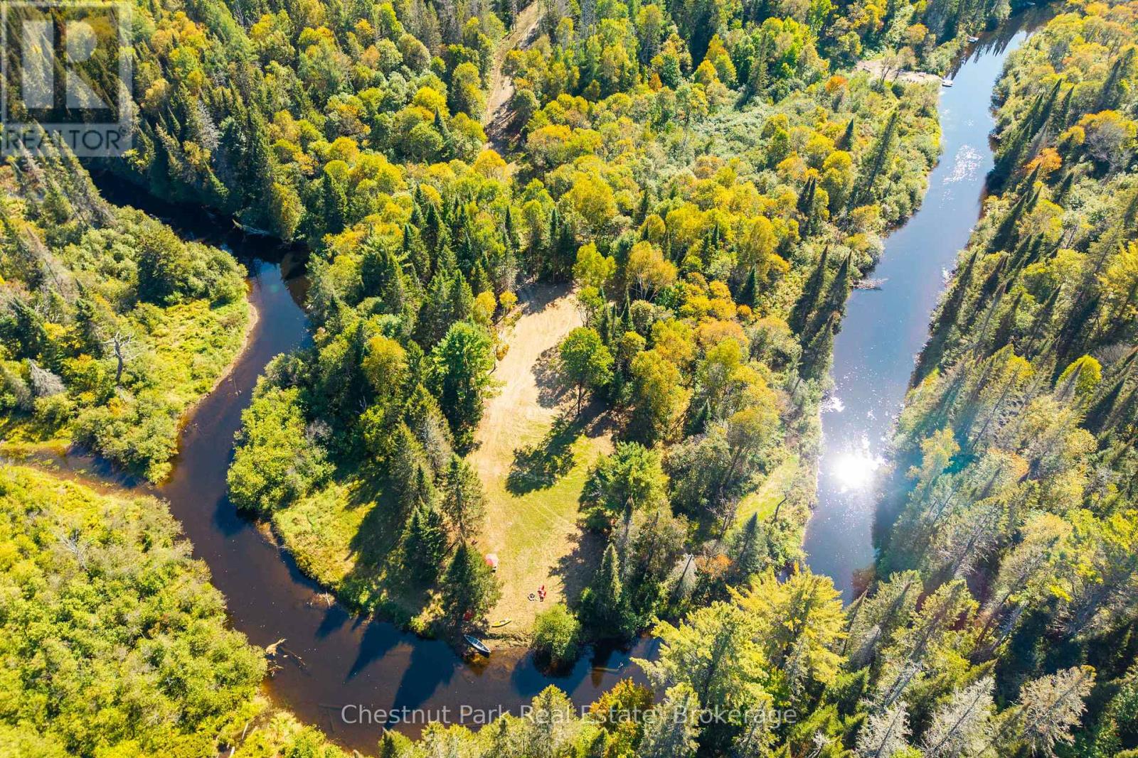 Aerial view of a wooded riverfront lot with a grassy clearing and boats along the shoreline.