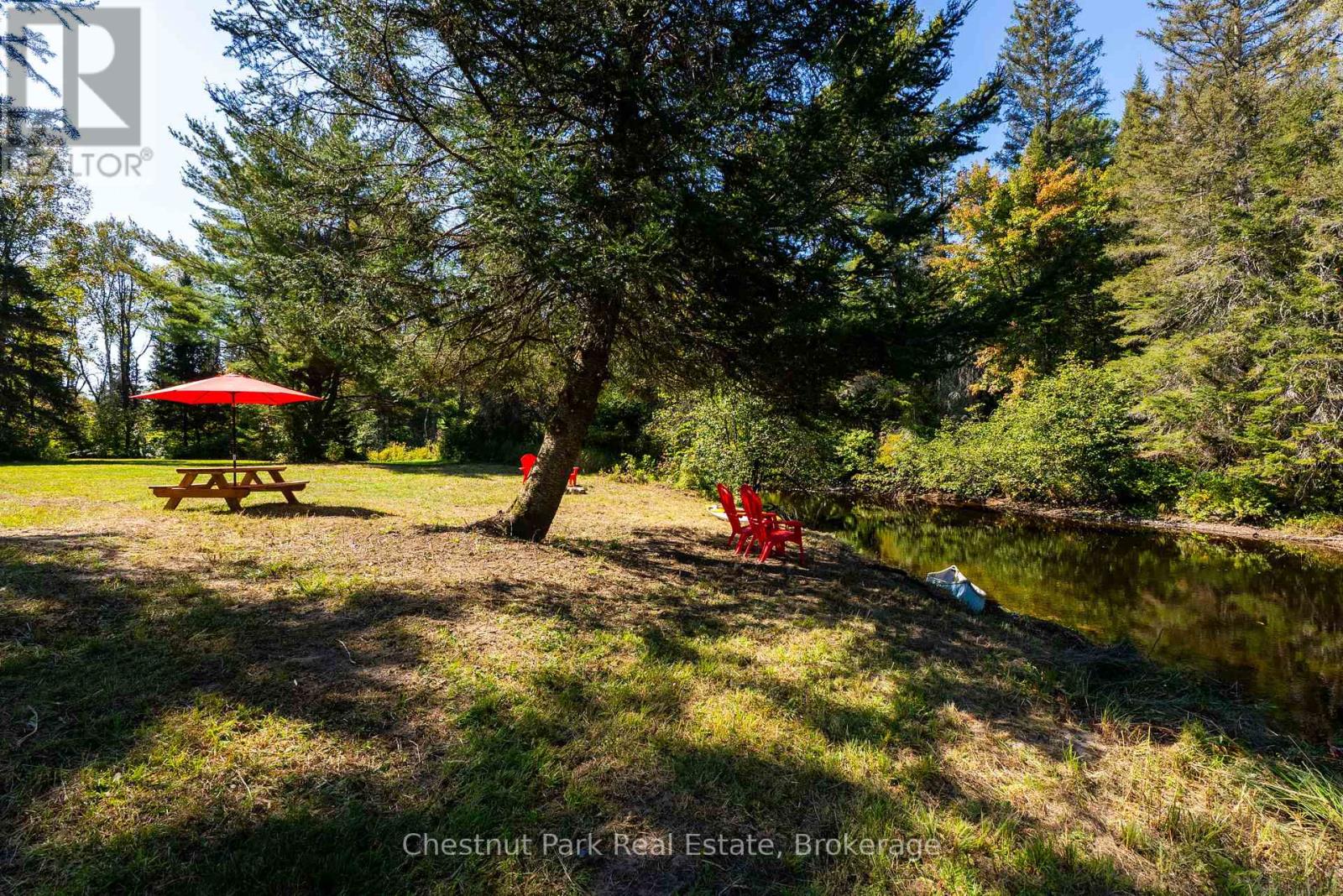 Wooded clearing beside a stream, with a picnic table under a red umbrella and red chairs by the water.