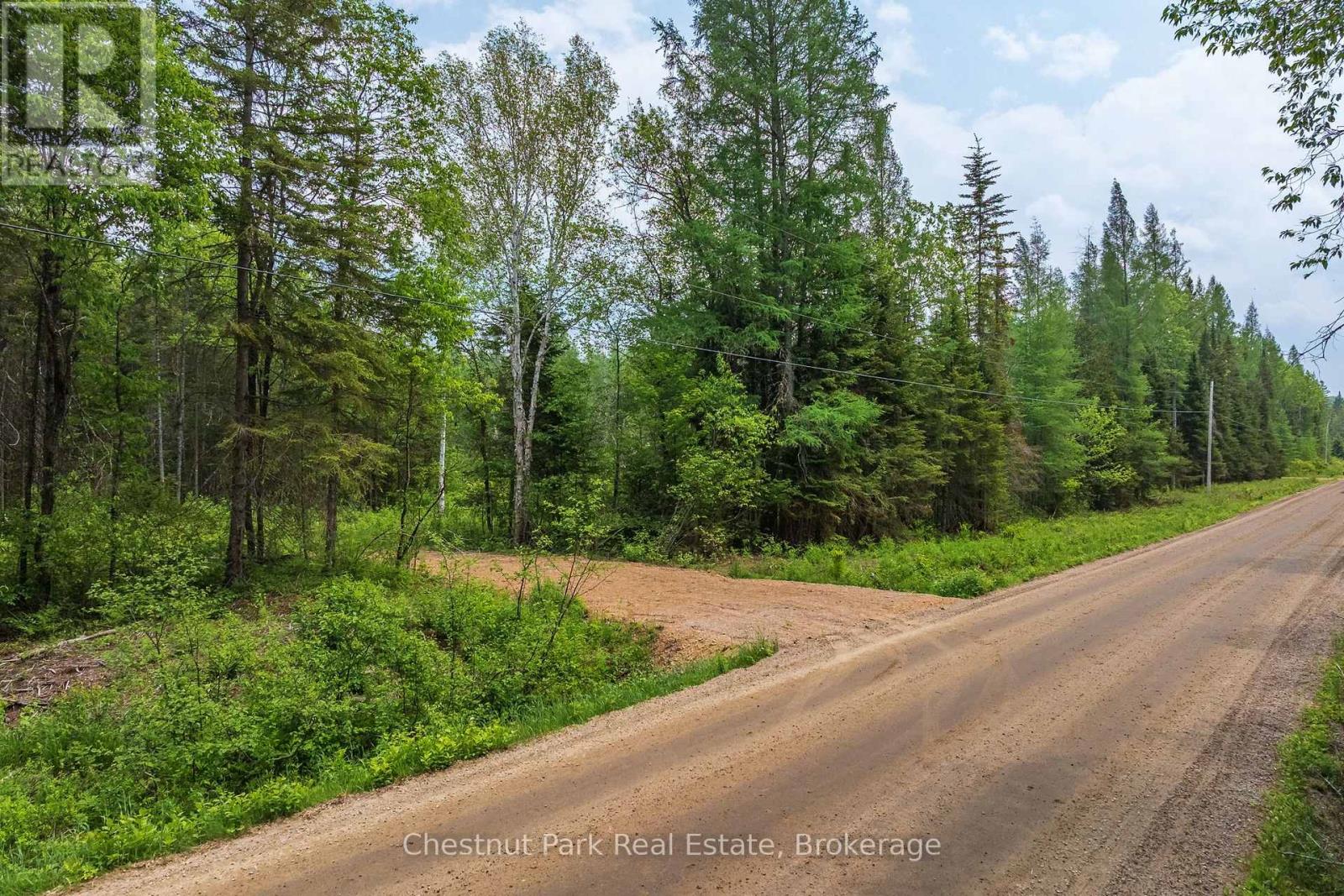 Wooded vacant lot with a gravel entrance beside a rural road.