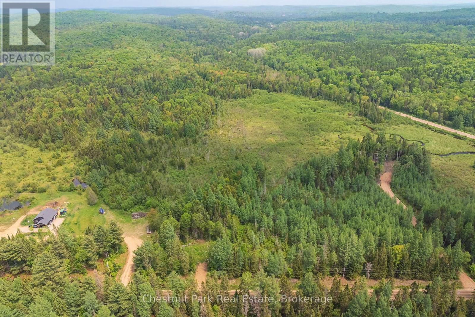 Aerial view of forested land with a broad clearing and winding dirt access roads.