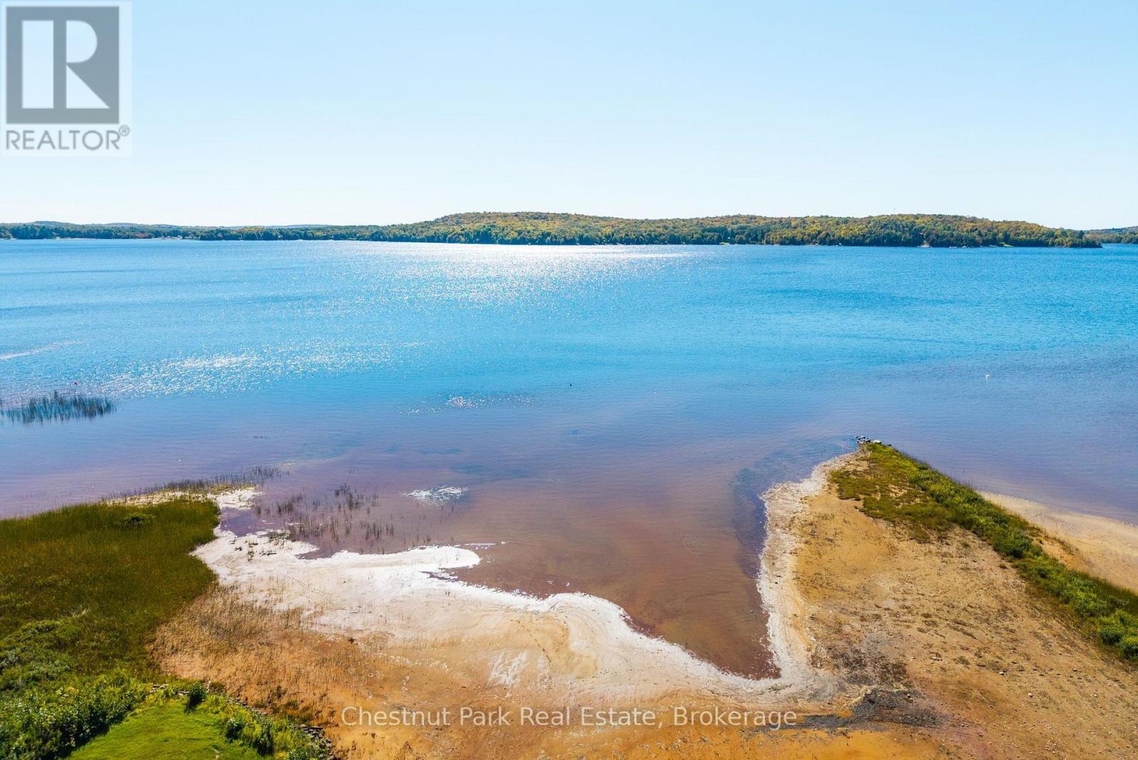 Lakefront shoreline with sandy shallows, marsh grass, and wooded islands across the water.