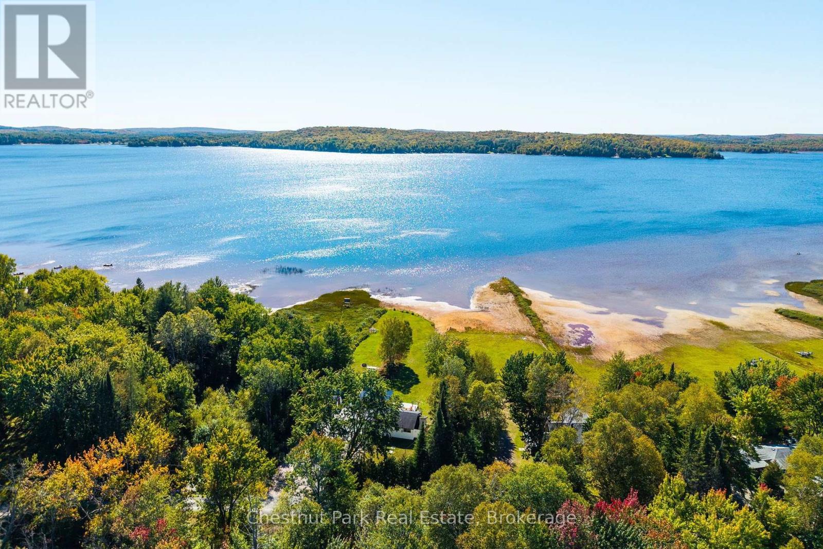 Aerial view of a wooded lakefront property with sandy shoreline, lawns, and homes among the trees.