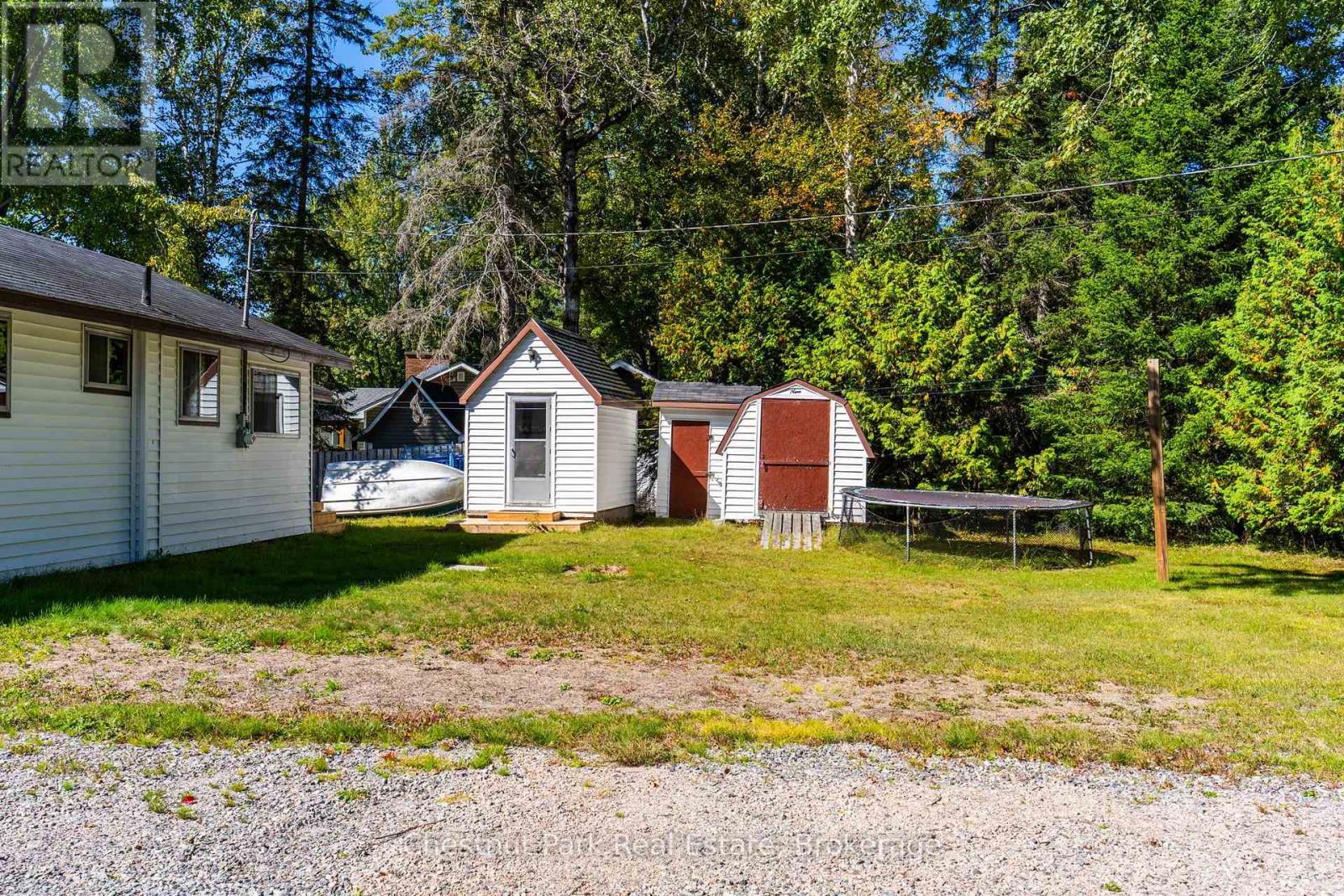 Wooded property yard with several sheds, a trampoline, and the side of a light-colored house.