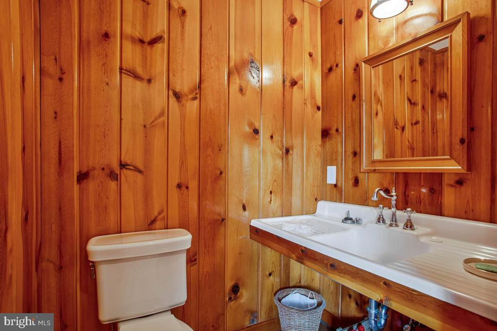 Wood-paneled bathroom with a white toilet, long vanity sink, and framed mirror.