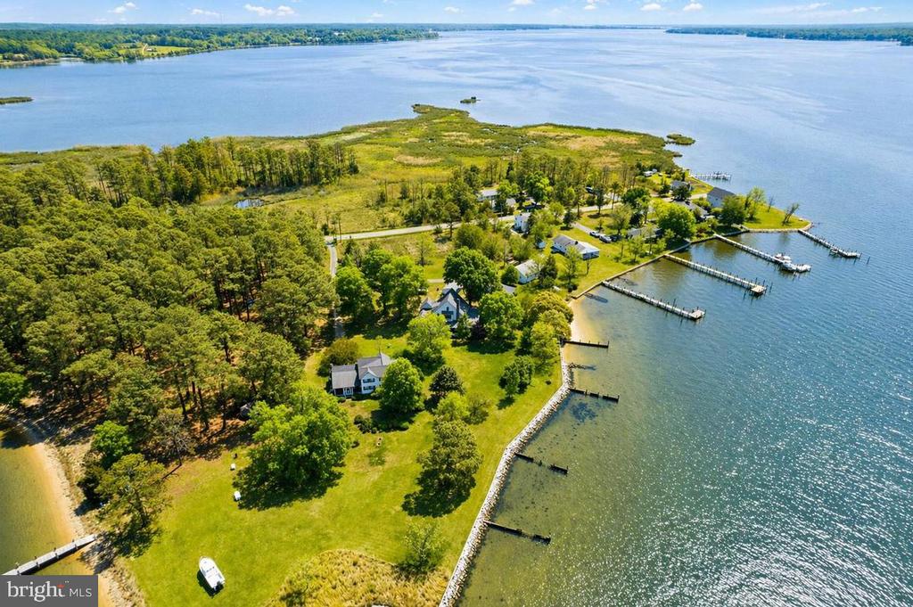 Waterfront property with a broad green lawn, wooded grounds, and multiple docks along the shore.