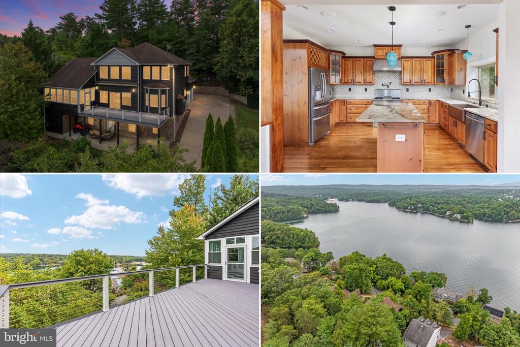 Dark-sided home, wood-cabinet kitchen, tree-view deck, and aerial view of the lake.