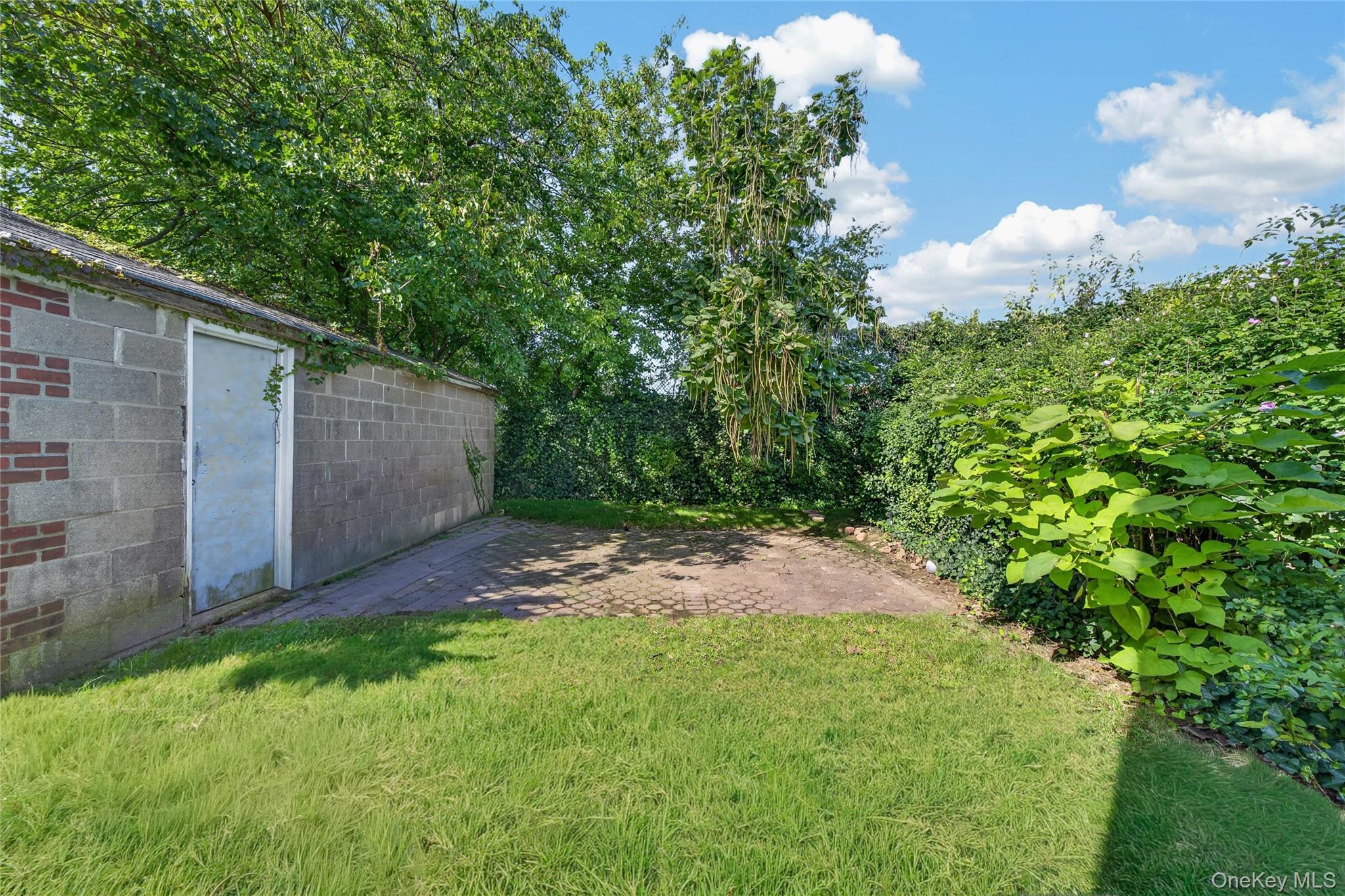 Backyard with a block outbuilding, paved patio, lawn, and dense green hedges.