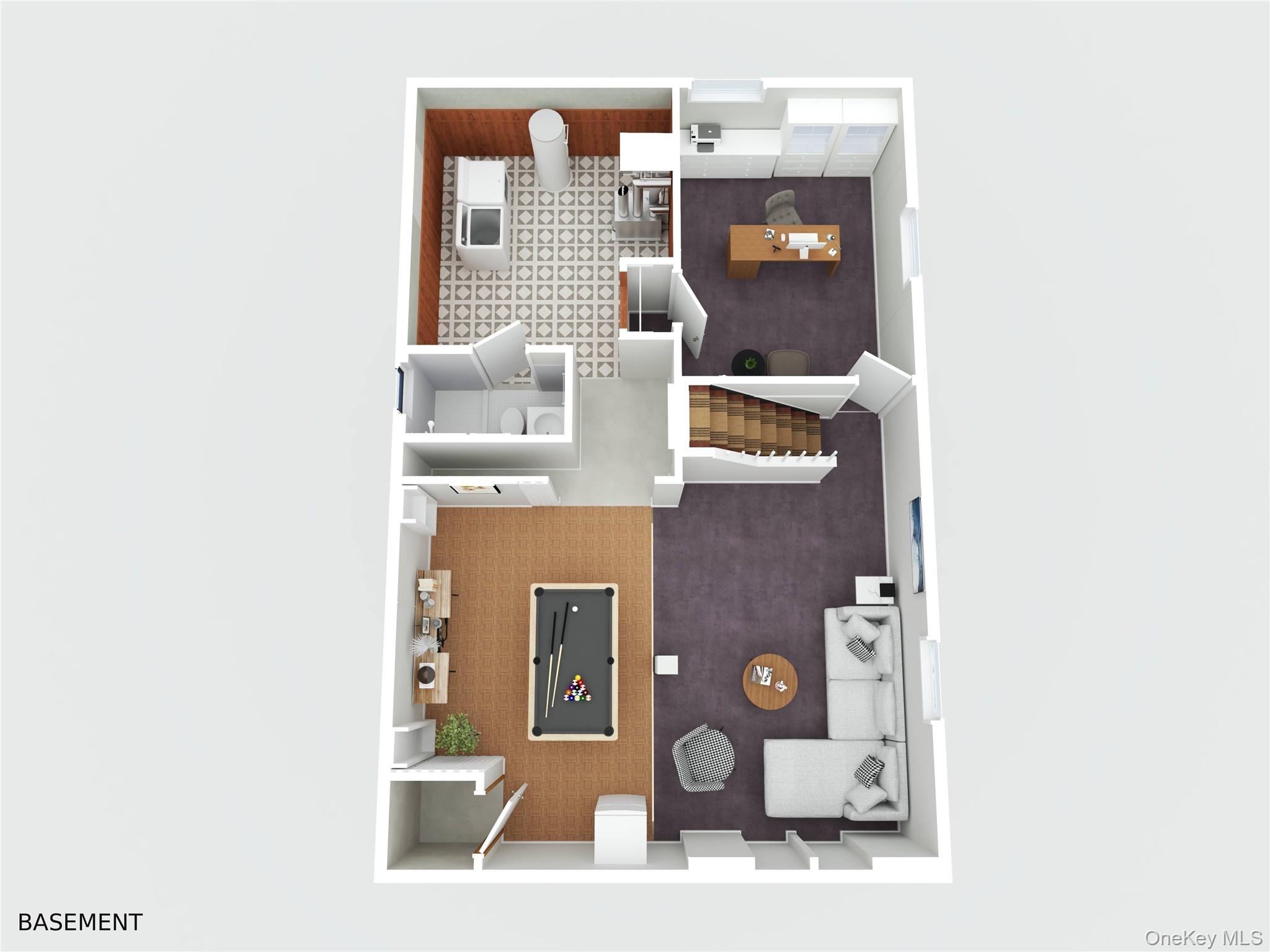 Basement floor plan with a bathroom, office, pool table, staircase, and furnished living area.