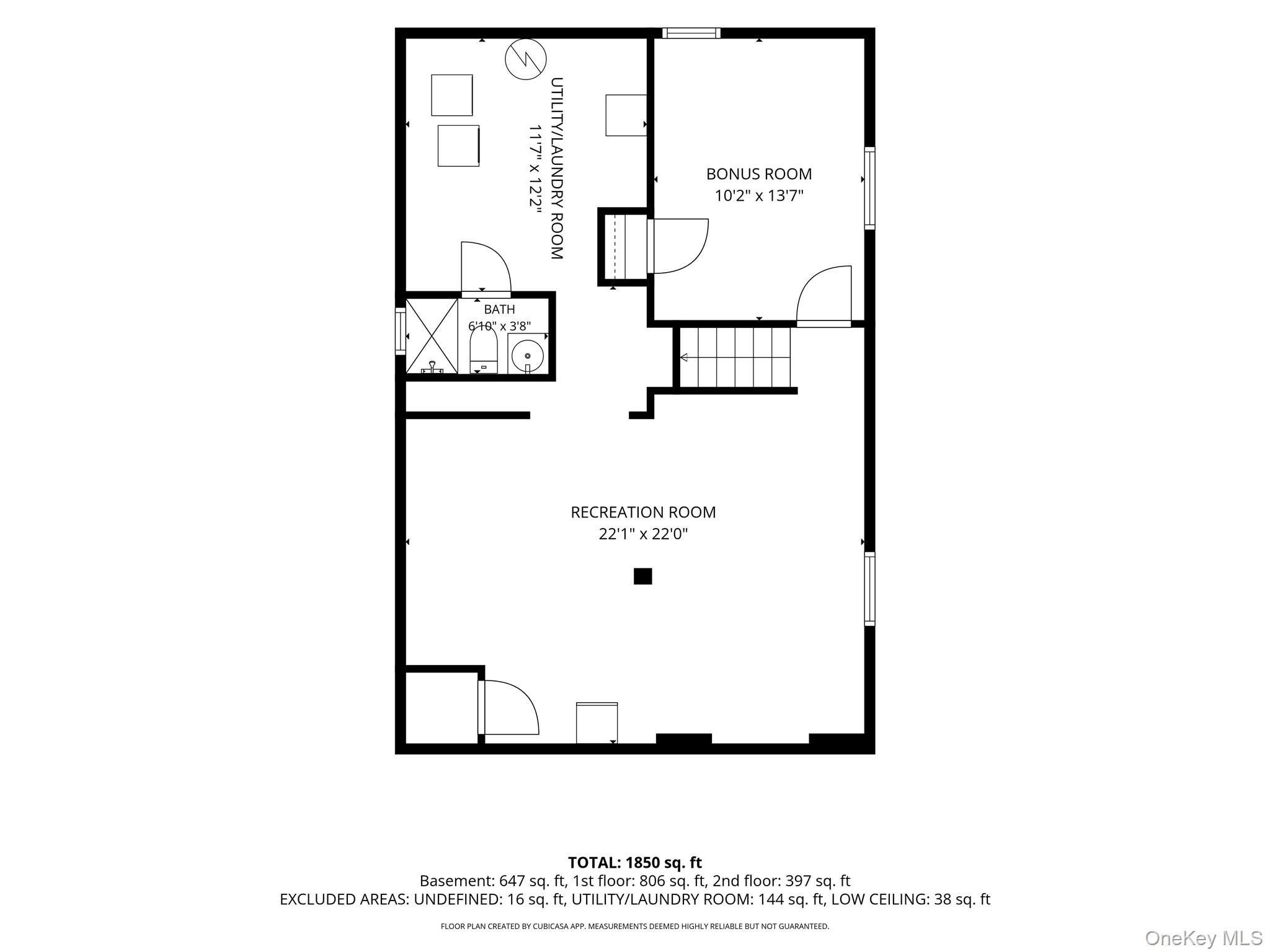Floor plan showing a large recreation room, bonus room, utility and laundry room, and bath.
