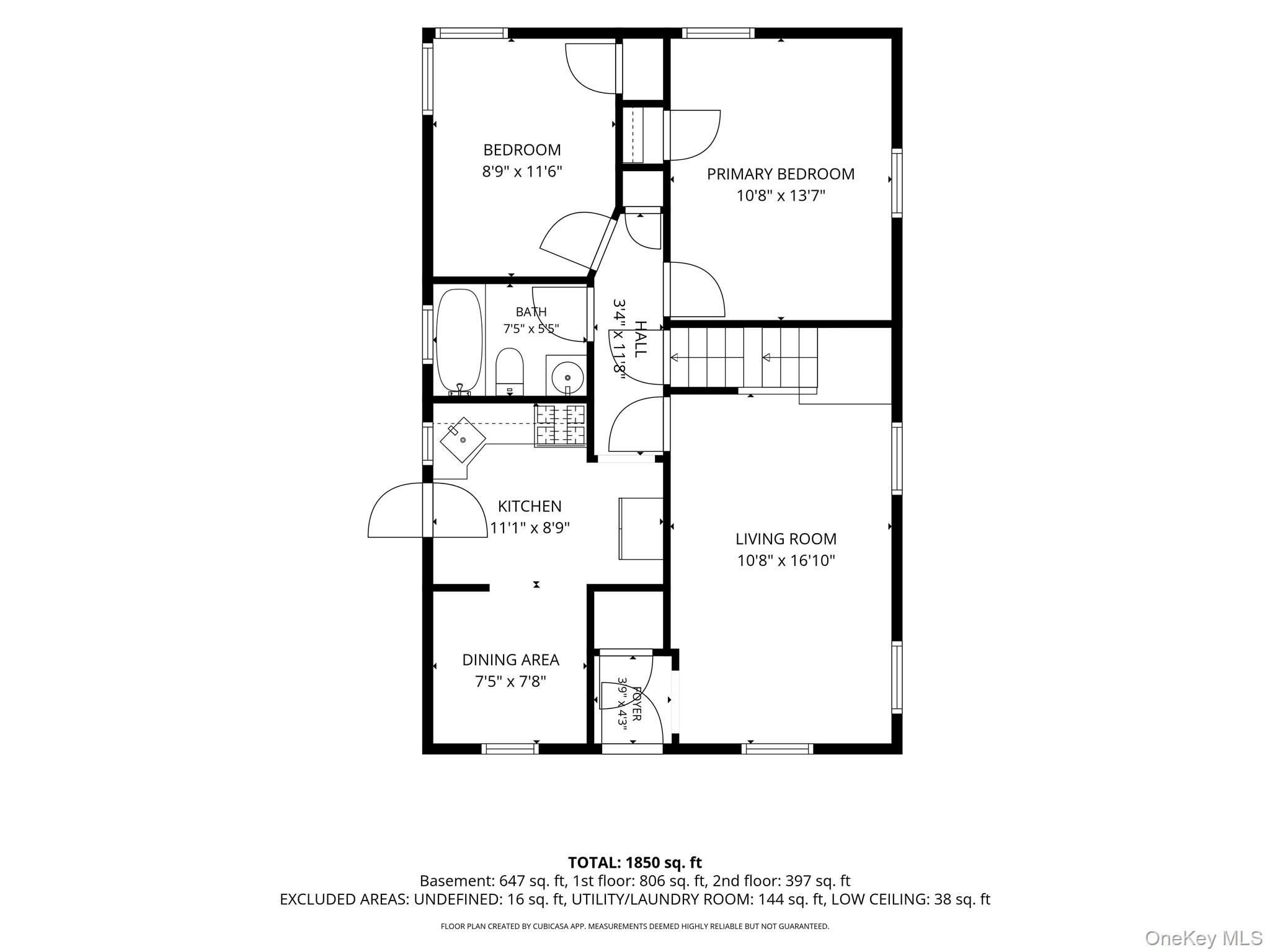 Floor plan showing two bedrooms, a kitchen, dining area, living room, bathroom, and room dimensions.