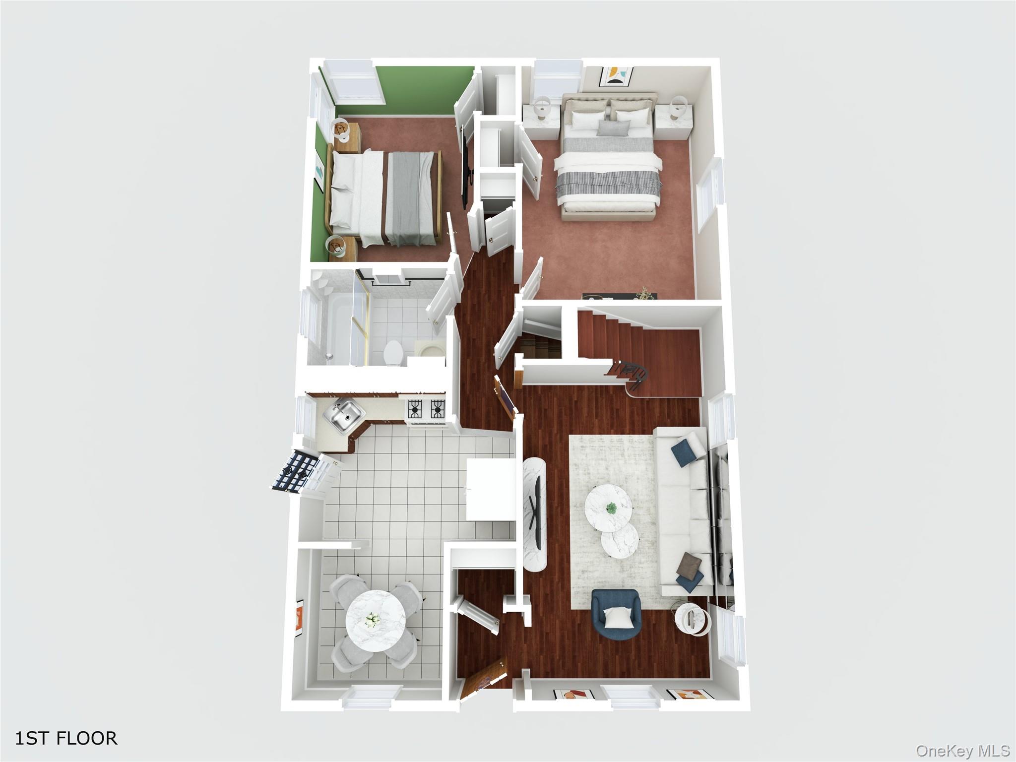 First-floor furnished layout with two bedrooms, bathroom, kitchen, dining area, living room, and stairs.