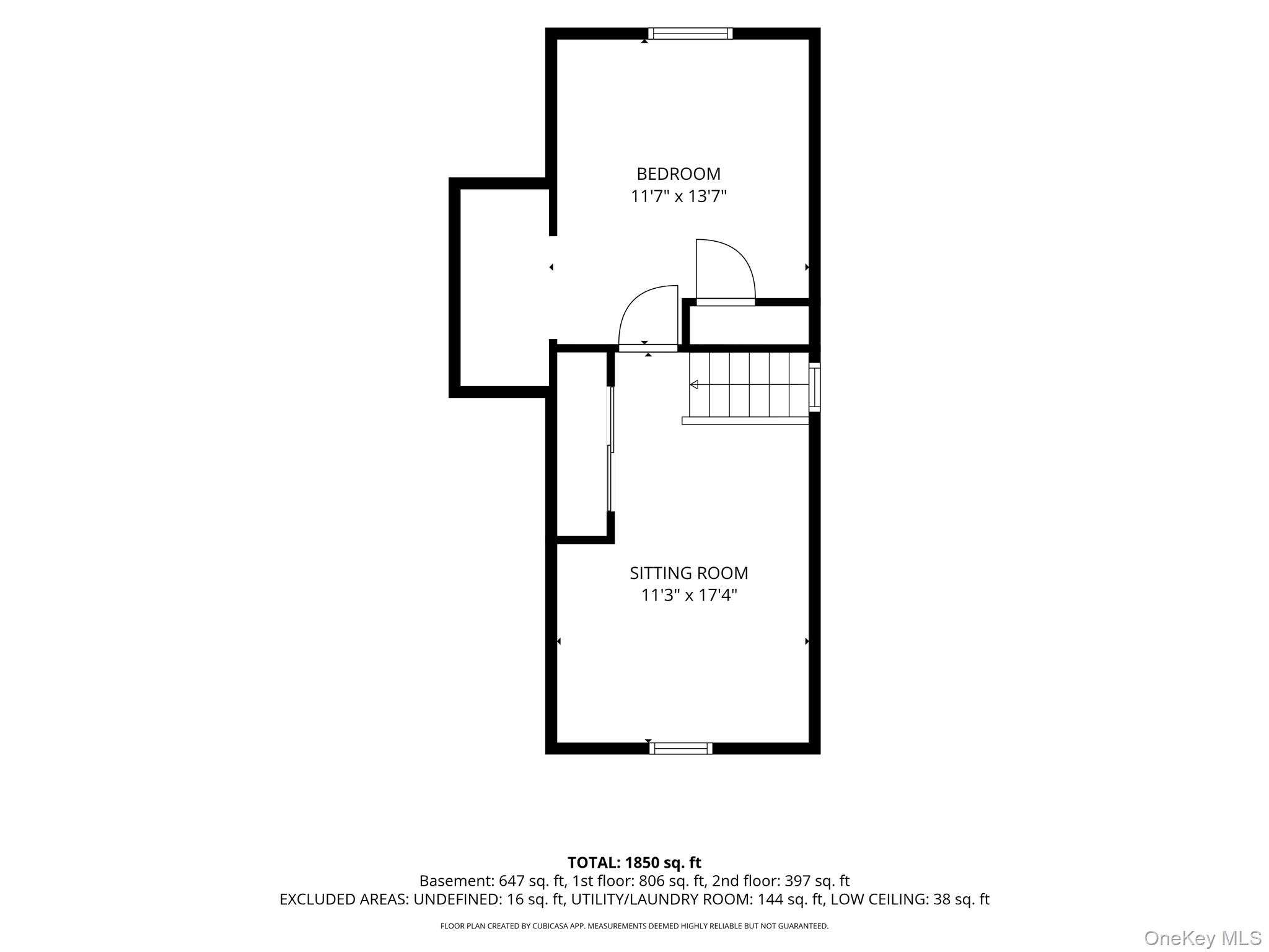 Floor plan showing a bedroom, sitting room, stairs, and room dimensions.