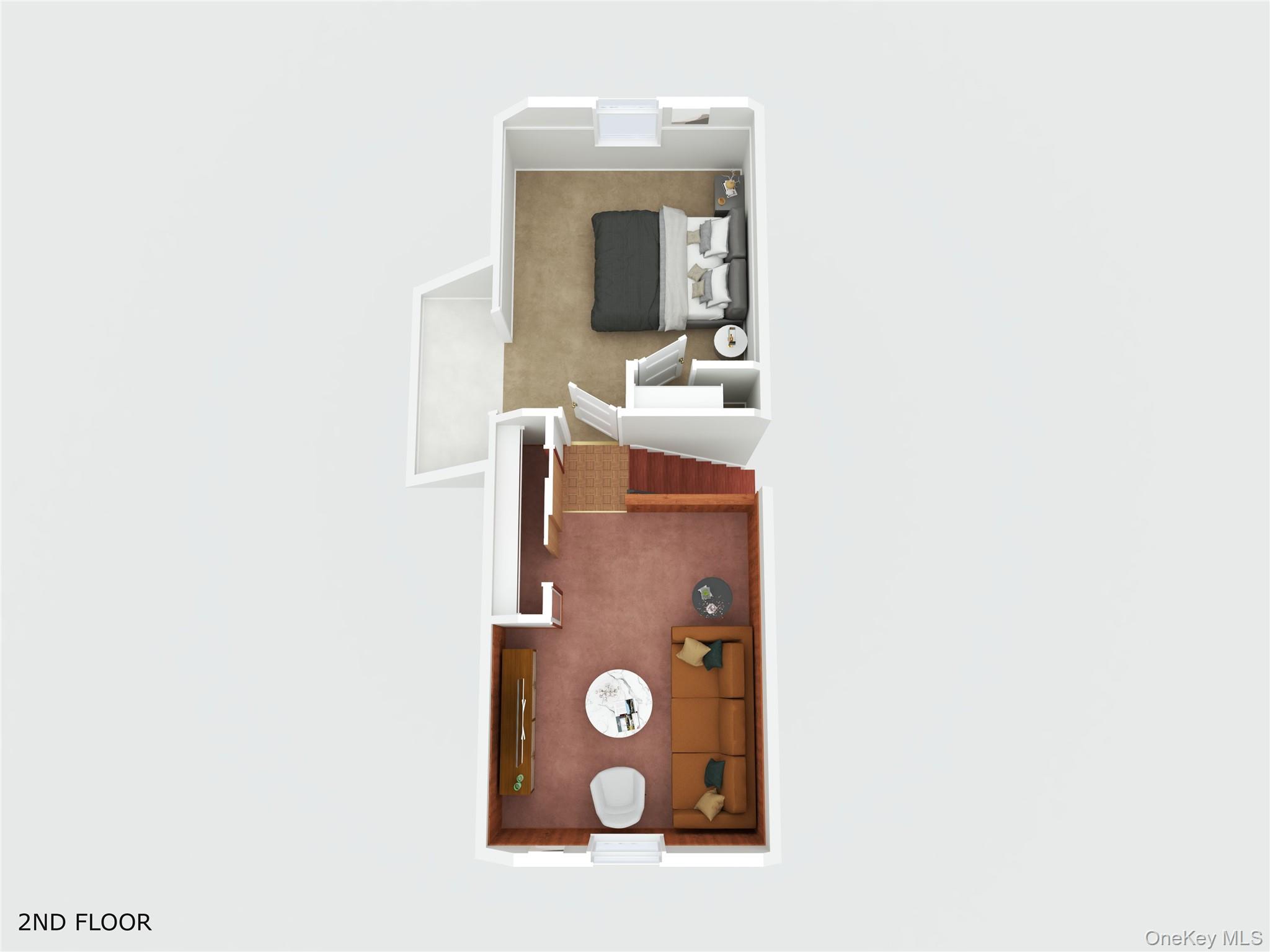 Second-floor plan showing a furnished living room, bedroom, and stairway.