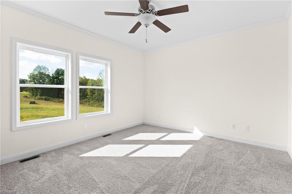 Empty bedroom with gray carpet, two windows overlooking a green yard, and a ceiling fan.