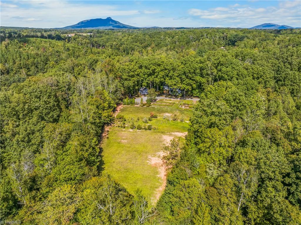 Aerial view of a wooded property with a grassy clearing, small home, and distant mountain ridges.