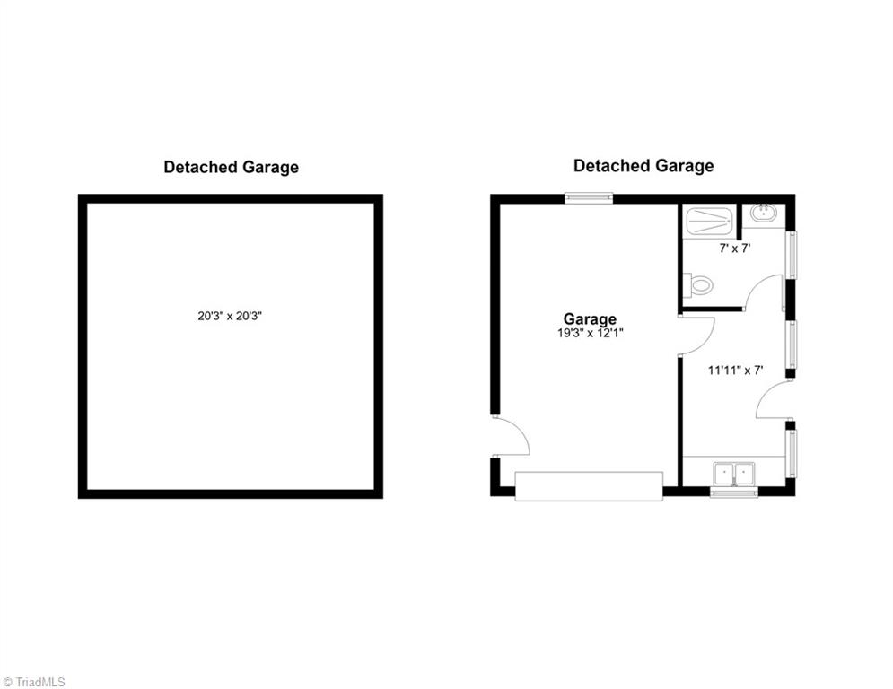 Detached garage floor plans, including a large open garage and a layout with smaller rooms and fixtures.