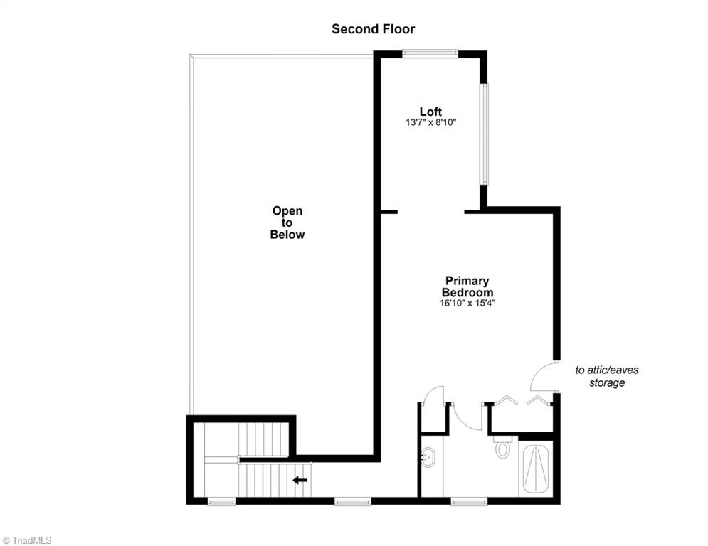Second-floor floor plan with a loft, open-to-below area, primary bedroom, stairs, and bathroom.