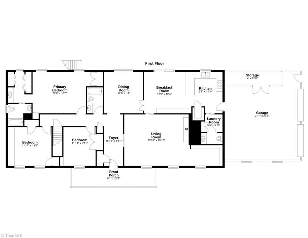 First-floor plan showing three bedrooms, living and dining areas, kitchen, front porch, and attached garage.