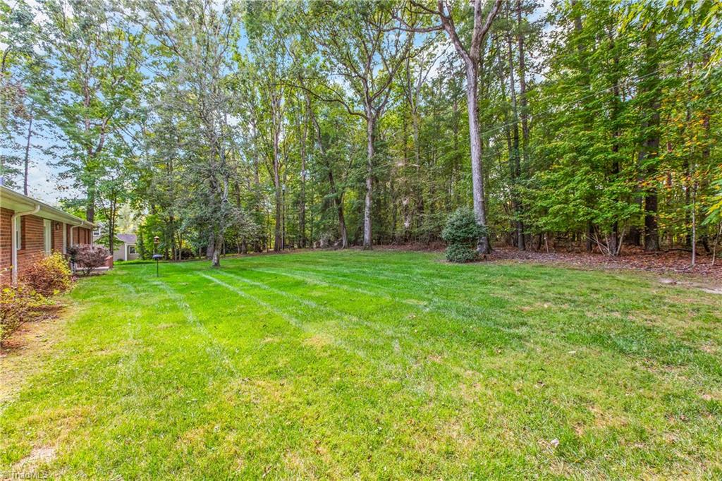 Mowed backyard lawn bordered by woods, with the brick side of the house at left.