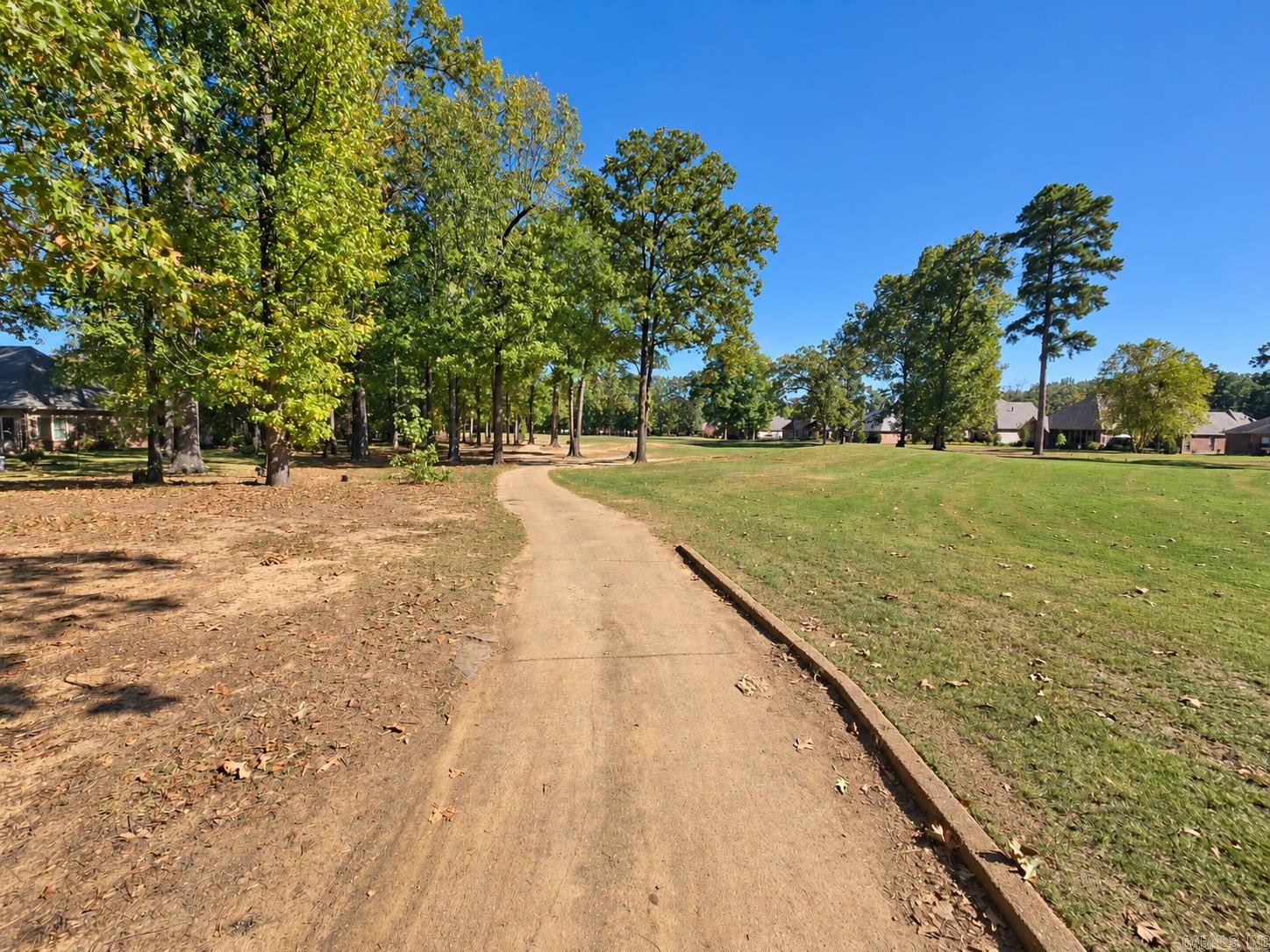 Neighborhood path curves through a grassy common area beneath mature trees, with homes along the edges.