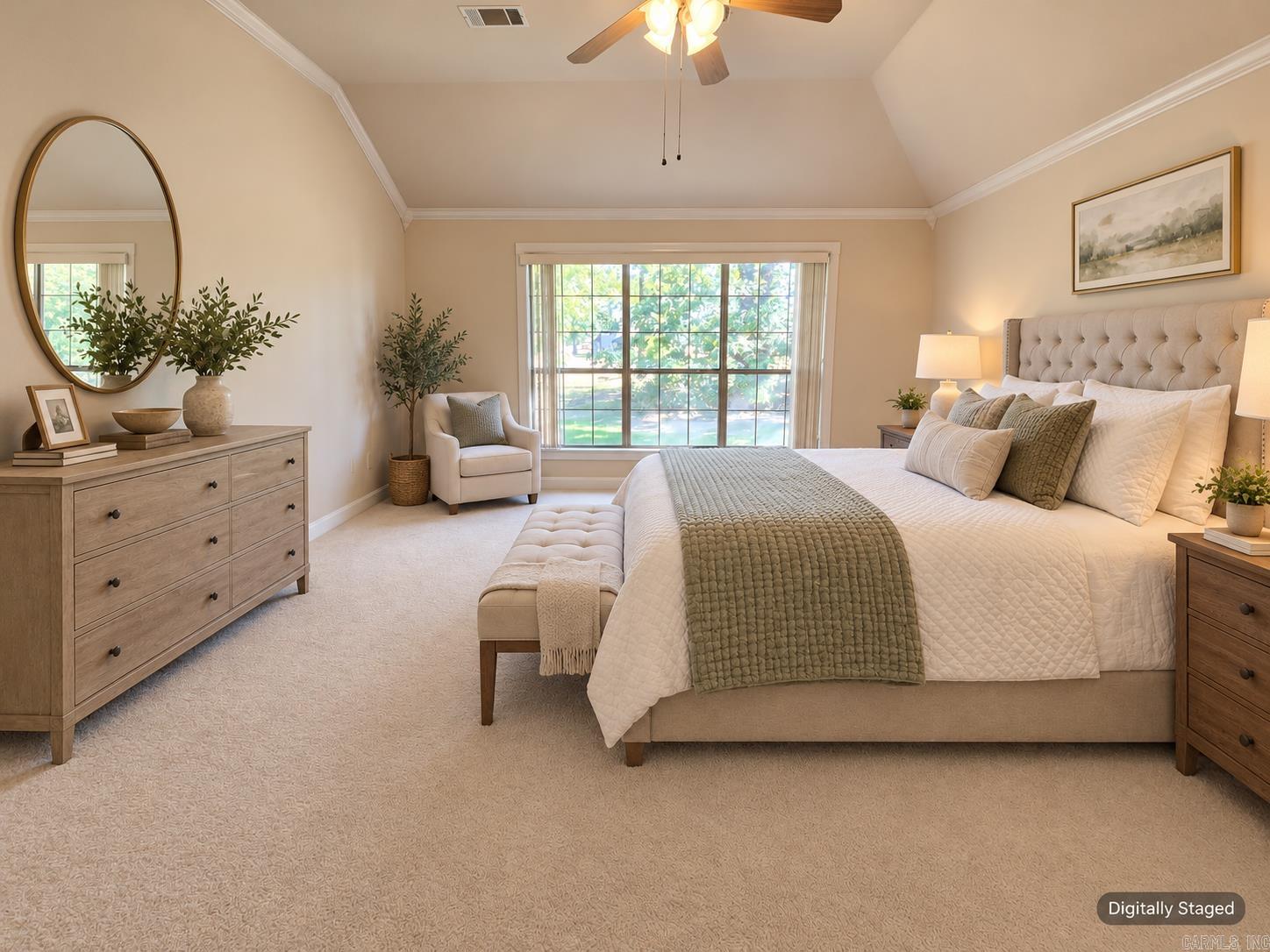 Digitally staged bedroom with a tufted bed, vaulted ceiling, and large window overlooking trees.