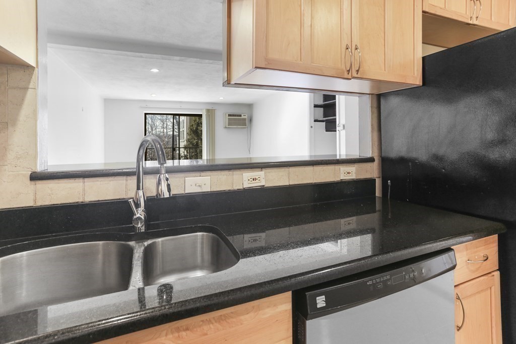 Kitchen with black countertops, double-basin sink, dishwasher, and pass-through to living area.